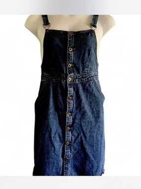 JustFab Dark Blue Denim Button-Front Pinafore Dress